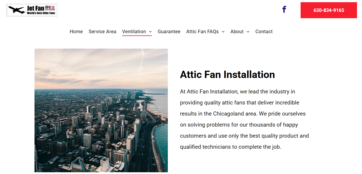 Jet Fan USA attic fan installation page for Chicagoland, showing ventilation menu and service area navigation
