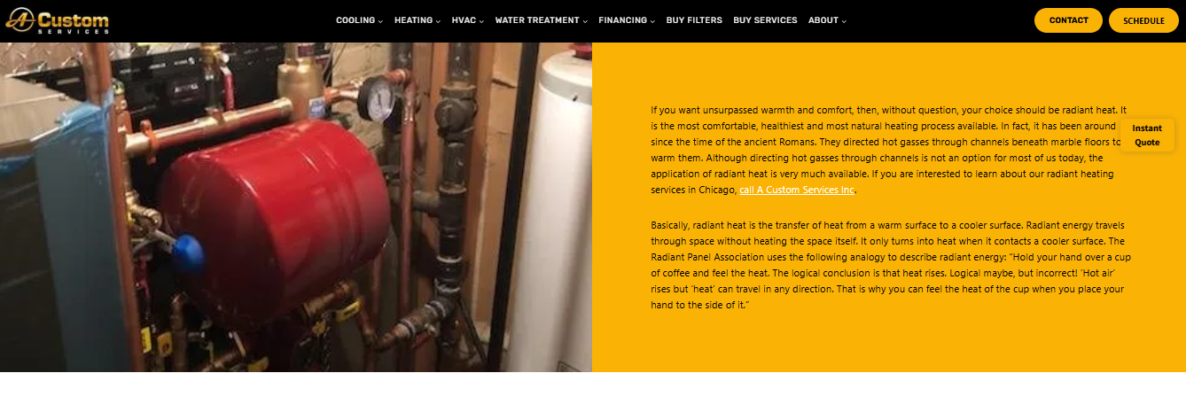 A Custom Services radiant heat page showing basement boiler, expansion tank, and near-boiler piping in Chicago