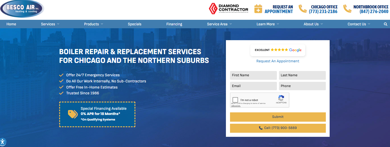 Besco Air boiler repair and replacement page for Chicago and northern suburbs with financing and estimate form