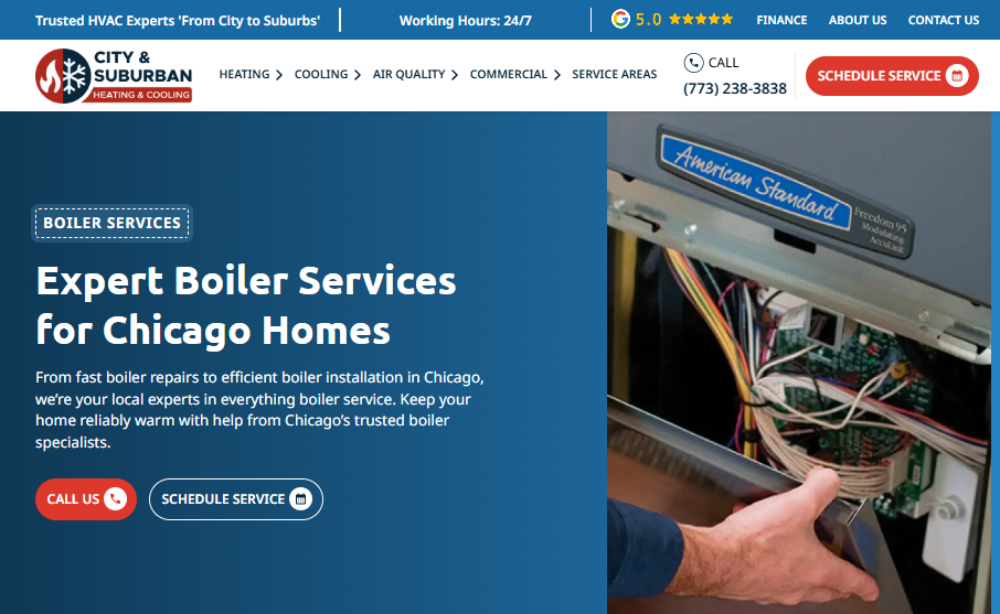  City & Suburban Heating & Cooling boiler services page showing American Standard boiler and (773) 238-3838