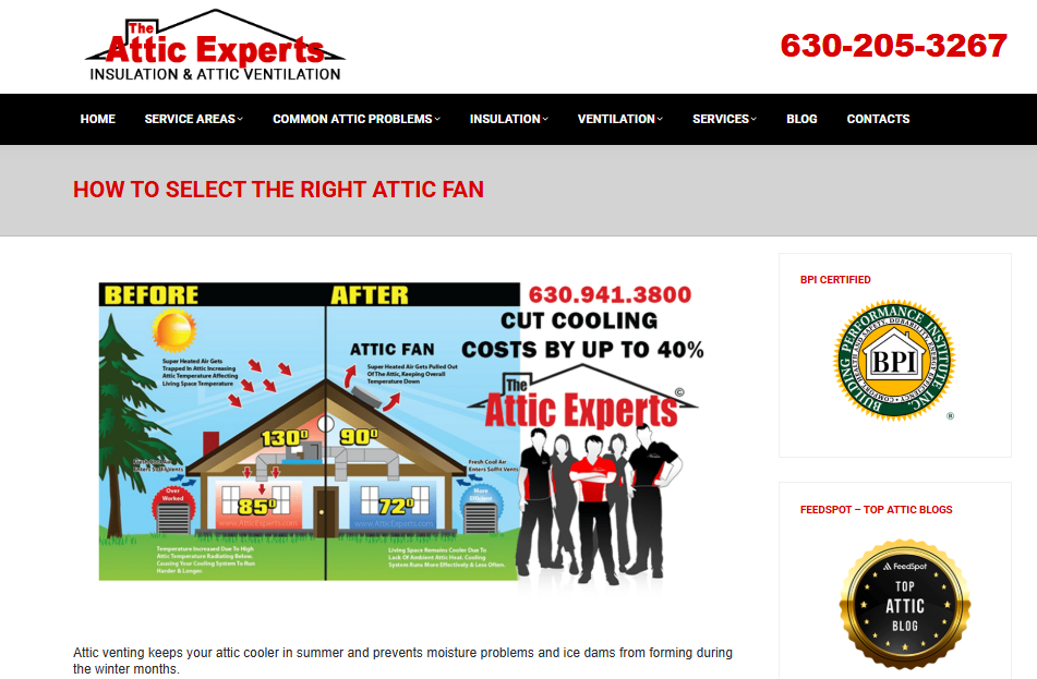 The Attic Experts guide page showing attic fan cooling comparison before and after, Chicagoland attic ventilation service