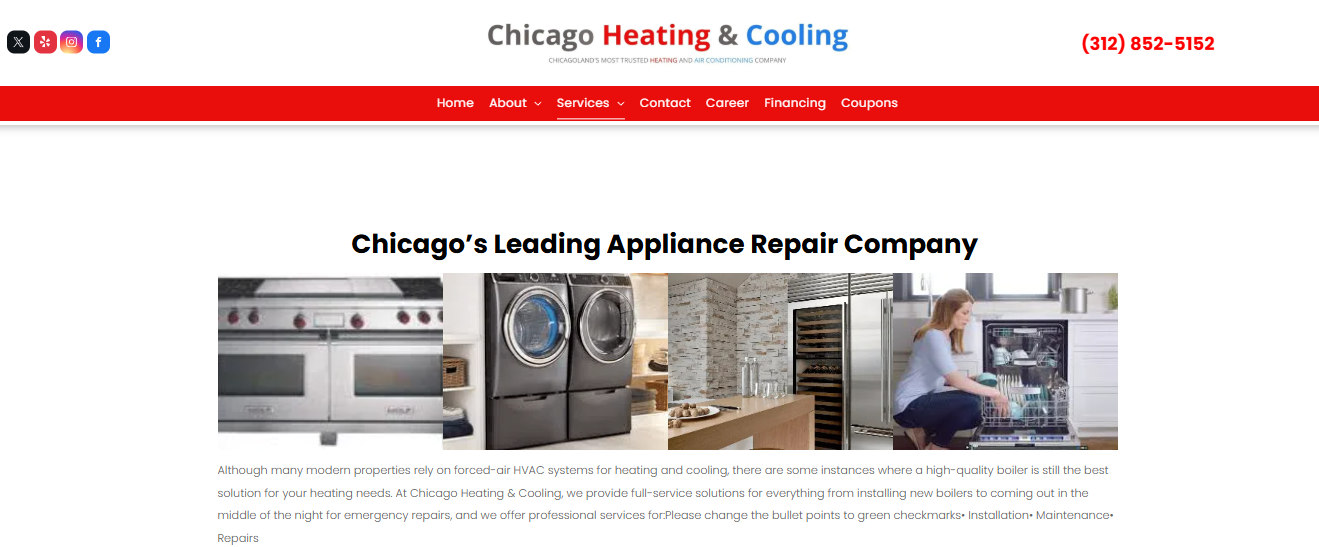  Chicago Heating & Cooling website boiler services page with phone number for radiant heat repair in Chicago