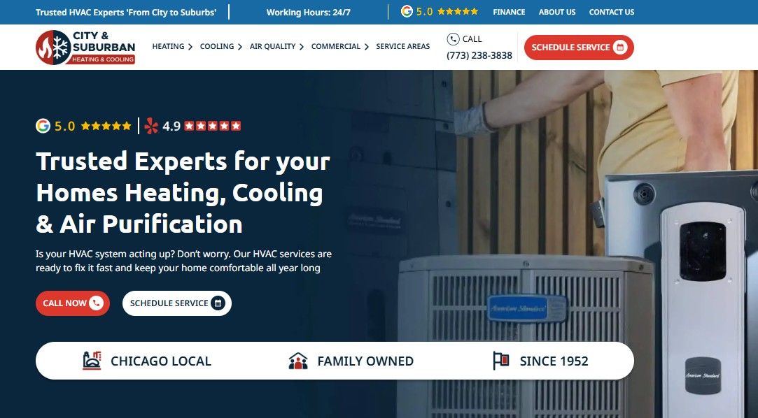 City & Suburban Heating & Cooling Chicago homepage with 5.0 Google and 4.9 Yelp ratings, family owned since 1952
