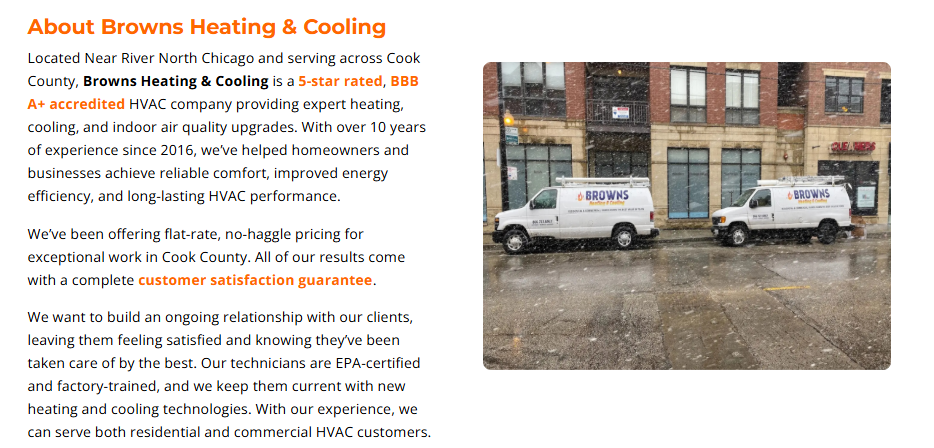 Browns Heating & Cooling about section with service vans near River North Chicago and flat rate pricing claim