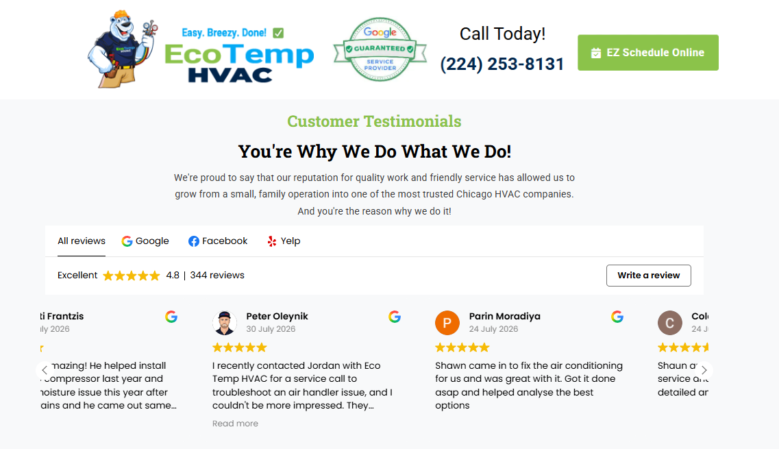 Eco Temp HVAC customer testimonials page showing 4.8 rating across 344 Google, Facebook, and Yelp reviews