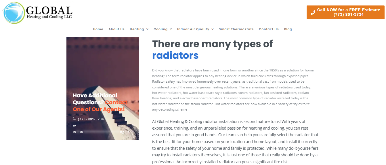  Global Heating and Cooling page explaining radiator types including steam, hot water, and radiant floor heating