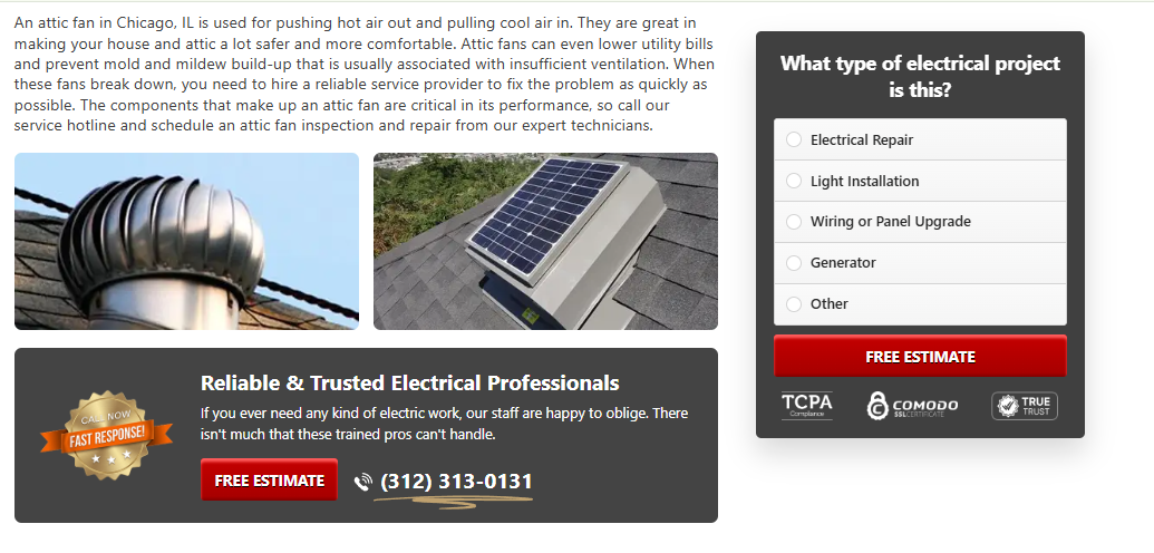 On Call Electrical attic fan repair page for Chicago showing turbine vent, solar attic fan and free estimate form