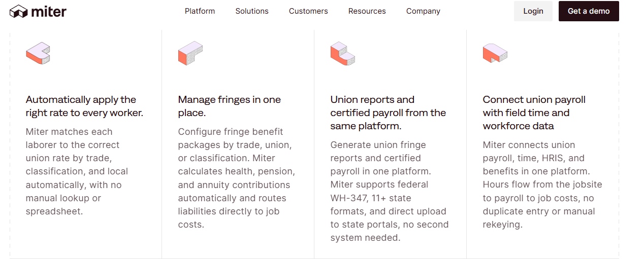 Miter Feature Grid Explaining Union Rate Matching, Fringe Benefits, Certified Payroll And Field Time Data