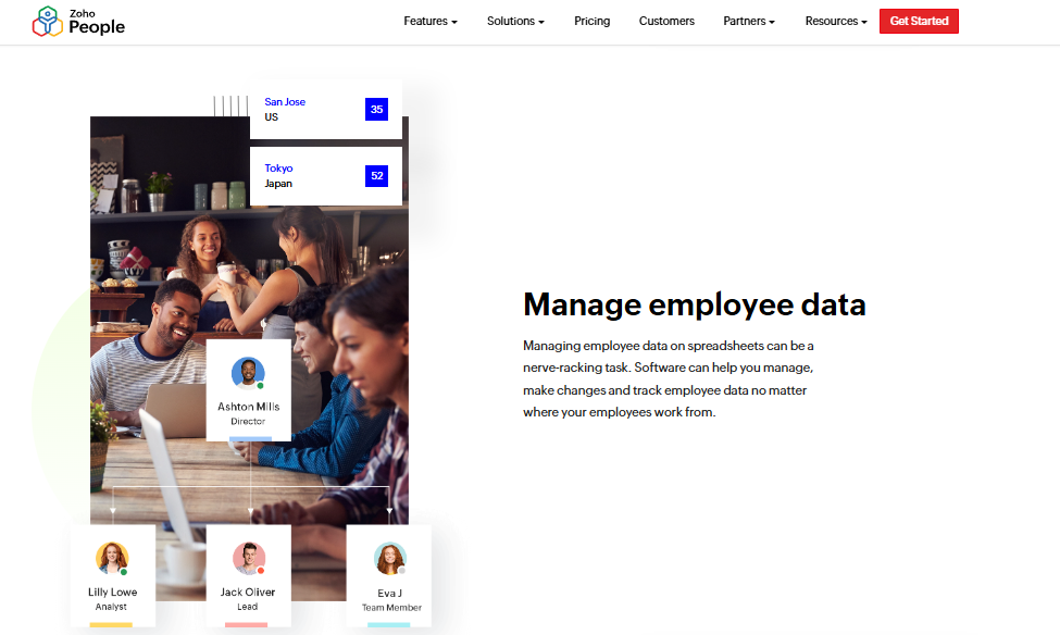 Hrms Software Hrms Zoho People Employee Data Screen Showing Multi-Location Headcount Tiles And Employee Profiles For Small Company Hr