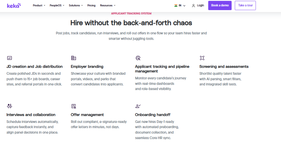 Hrms Software Hrms Keka Applicant Tracking System Features Including Ai Parsing, Screening, Assessments, Offers, And Onboarding Handoff