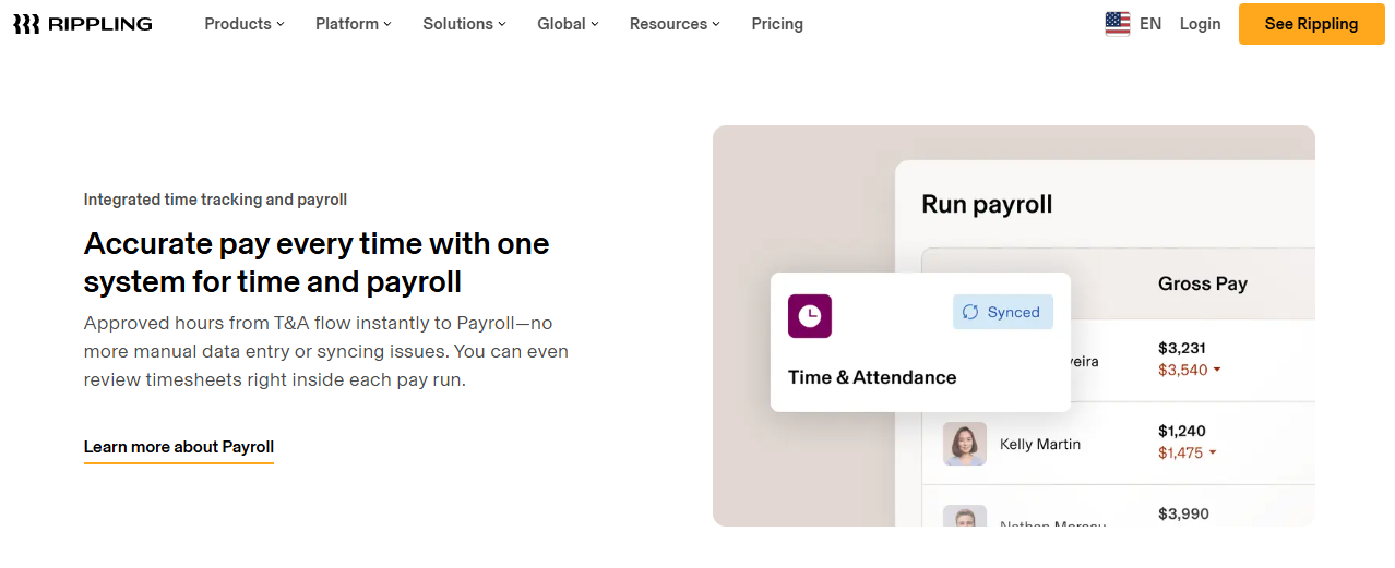  Rippling Time And Attendance Syncing Approved Hours Into A Payroll Run With Gross Pay Figures