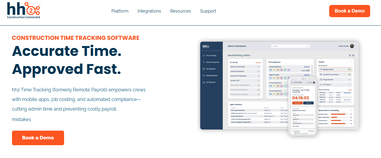 Hh2 Construction Time Tracking Dashboard With Punch Clock, Timesheet Approvals And Payroll Run Status