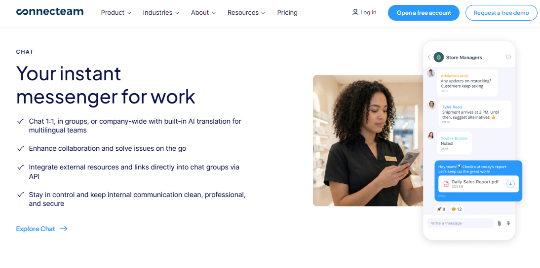 Hrms Software Hrone Connecteam Mobile Chat Screen Where A Store Manager Coordinates Shift Updates With Frontline Staff