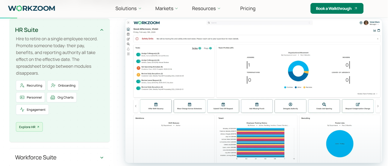 Workzoom Hr Suite Dashboard With Single Employee Record, Daily Exceptions And Leave Request Tasks