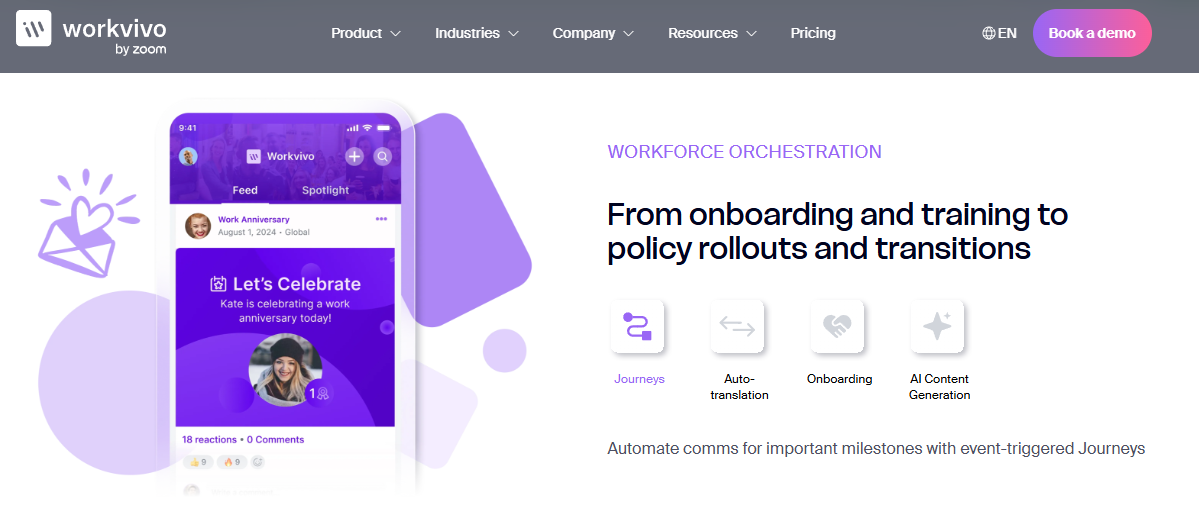 Workvivo Workforce Orchestration Page Showing Event-Triggered Journeys And A Work Anniversary Post In The Employee Feed