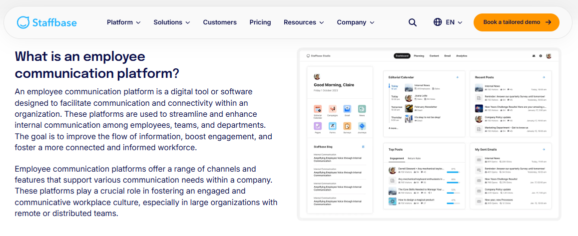 Staffbase Page Defining An Employee Communication Platform Beside A Studio Dashboard With Editorial Calendar And Analytics