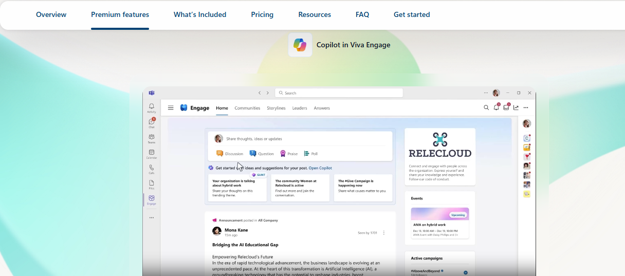 Microsoft Viva Engage Premium Features Page Showing Copilot, Announcements, Communities, And Campaigns Inside Teams