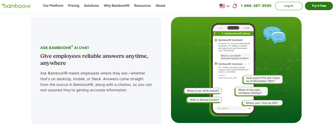Hrms Software Hrone Bamboohr Mobile App Screen With Ask Bamboohr Ai Chat Answering Employee Hr Policy Questions