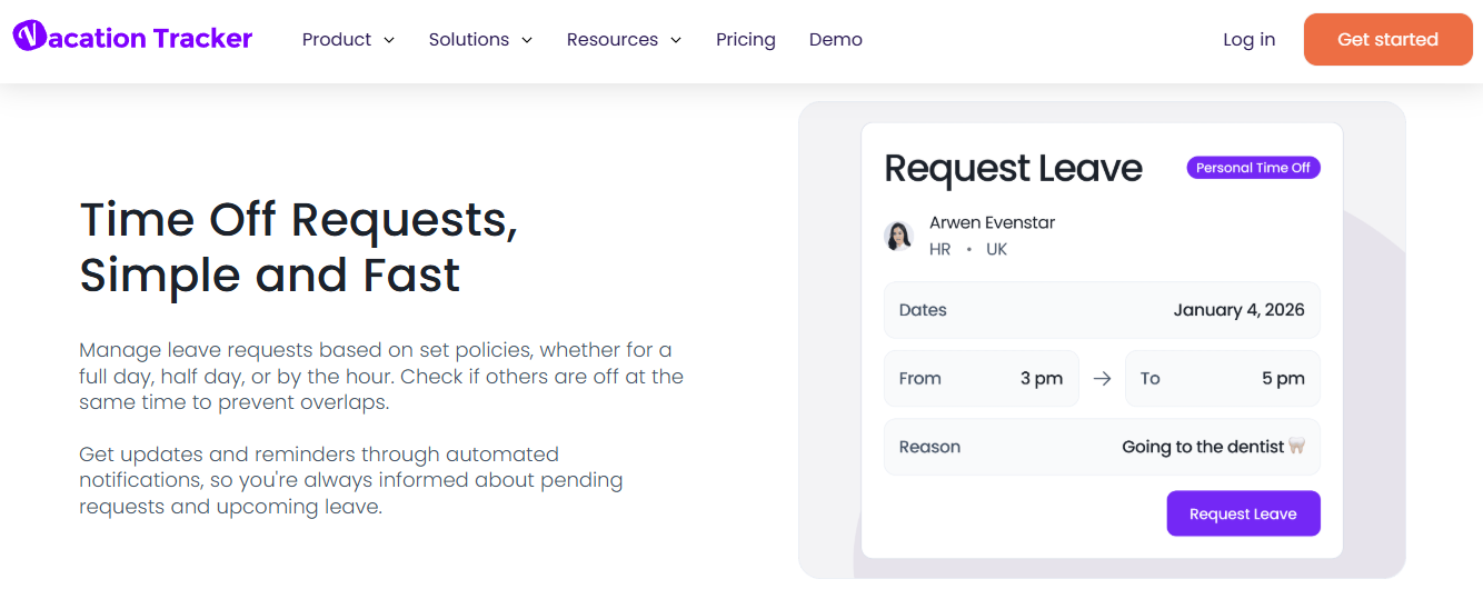 Vacation Tracker Request Leave Card Showing Hourly Personal Time Off Dates, Times And Reason Field