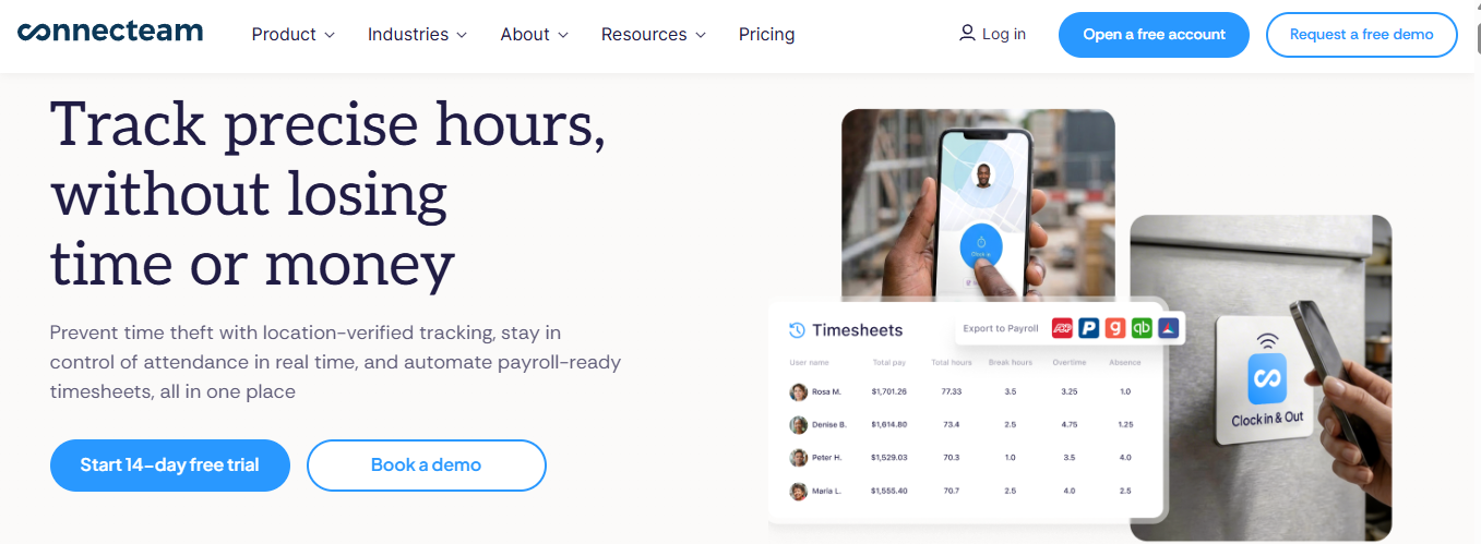 Connecteam Time Clock Page Showing Location-Verified Tracking And Payroll-Ready Timesheets With Overtime Columns