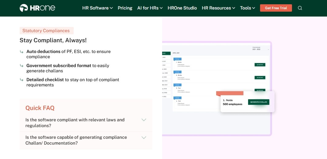 Hrms Software Hr Software Hrone Statutory Compliance Screen Auto-Deducting Pf And Esi And Generating Government-Format Challans For Payroll