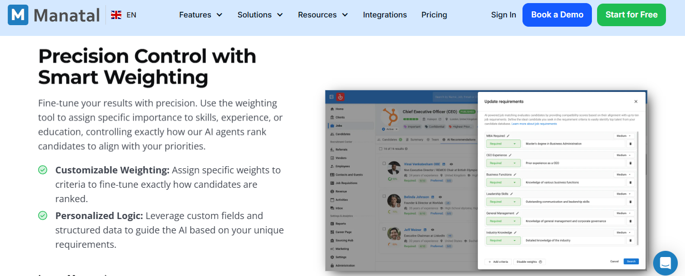 Hrms Software Hrms Manatal Smart Weighting Panel Assigning Importance To Skills, Experience, And Education For Ai Candidate Ranking
