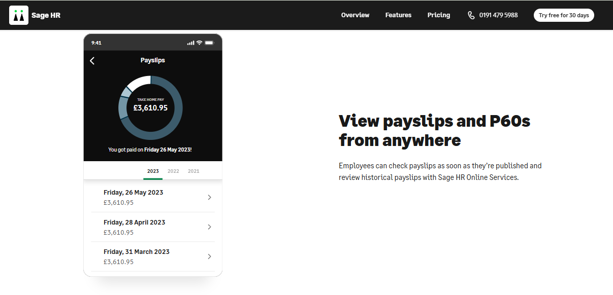 Hrms Software Hrone Sage Hr Mobile Payslip Screen Showing Take-Home Pay Breakdown And Historical Monthly Pay Records