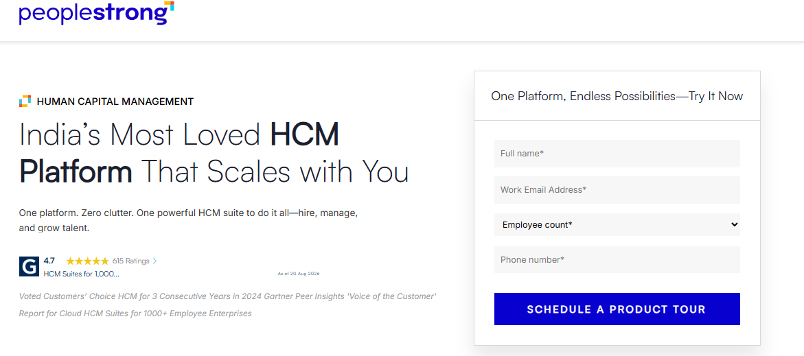 Hrms Software Hrms Peoplestrong Hcm Page Showing 4.7 G2 Rating, 615 Ratings And A Product Tour Form For Enterprise Hr Buyers