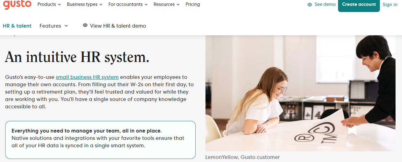 Hrms Software Hrms Gusto Small Business Hr System Page Describing Employee Self-Service, W-2 Filing And Synced Hr Data Records