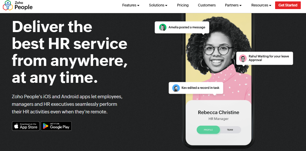 Hrms Software Hrone Zoho People Mobile App Promo Showing Leave Approval Alerts And Employee Profile On Ios And Android