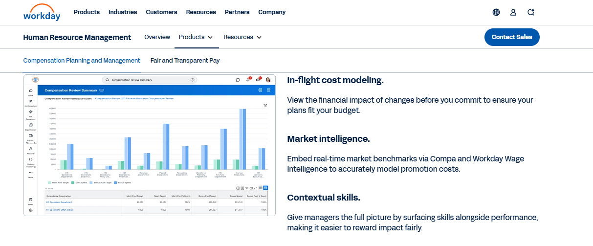 Hrms Software Hr Software Workday Compensation Review Summary Charting Merit Pool Targets, Merit Spend And Bonus Pool Spend By Department
