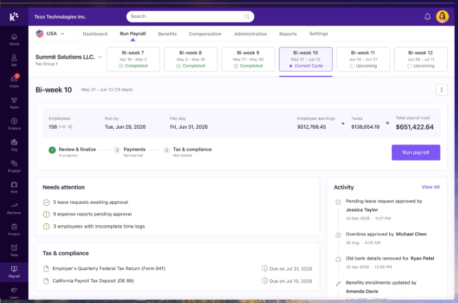 Hrms Software Hr Software Keka Payroll Run Dashboard Showing Bi-Weekly Cycle Status, Employee Earnings, Taxes And Pending Approval Items