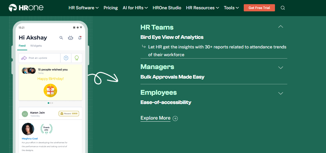  Hrone Employee Attendance App Dashboard Showing Mobile Feed, 30+ Attendance Reports, And Bulk Approvals For Managers