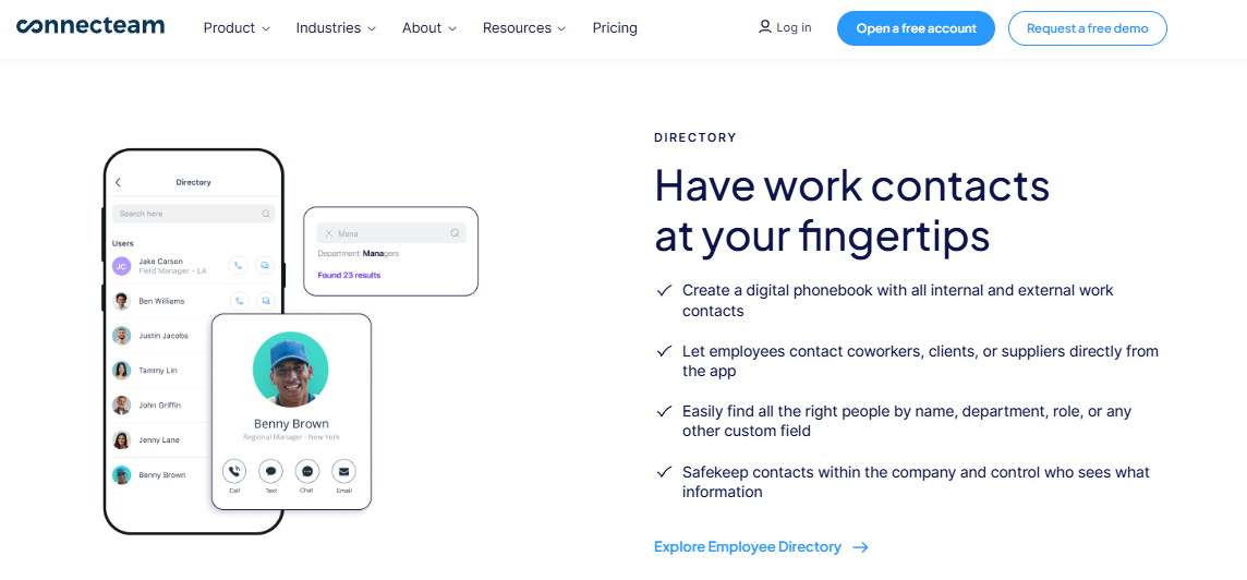 Connecteam Employee Directory Screen With Searchable Work Contacts, Roles, And In-App Call, Chat, And Email Options