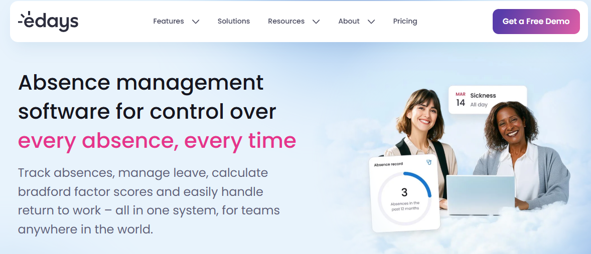  Edays Absence Management Software Homepage Showing An Absence Record With Bradford Factor Scoring And Sickness Entry