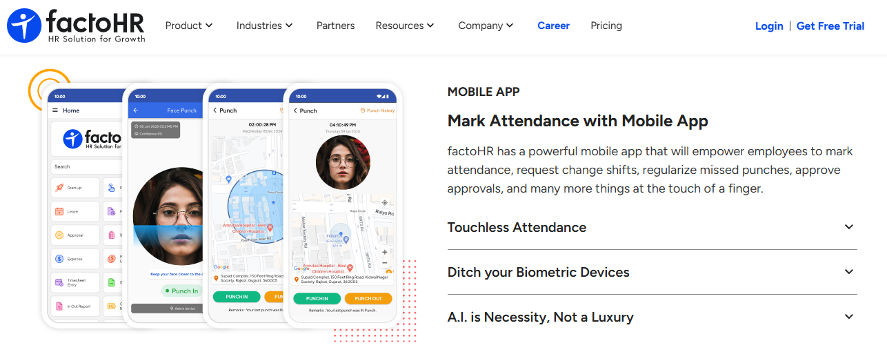 Factohr Mobile App Screens Showing Face Punch, Gps Map Attendance Marking, And Punch Regularisation Options