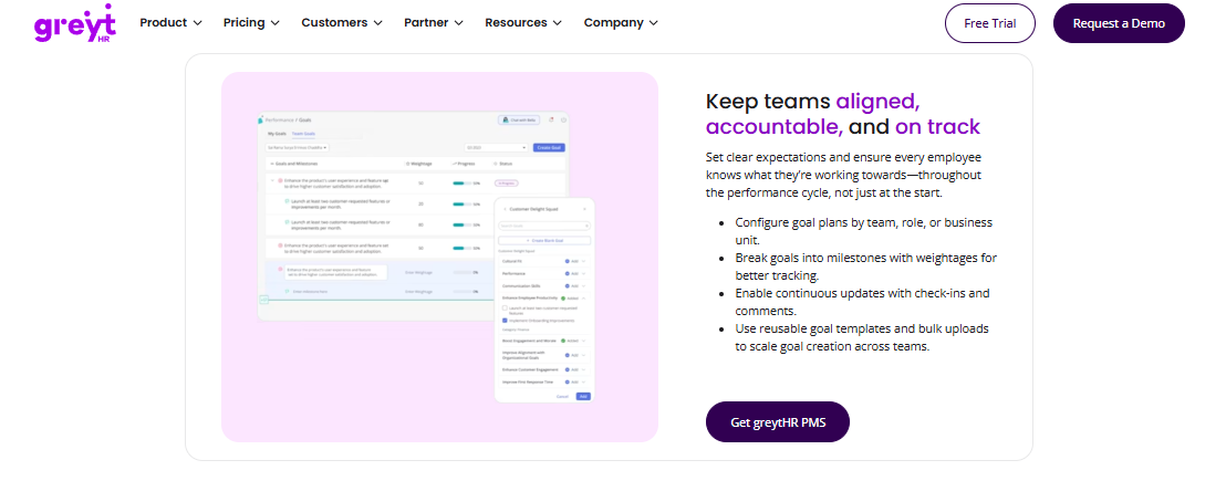 Greythr Performance Module Showing Goal Plans, Weightages, Milestones And Check-In Progress