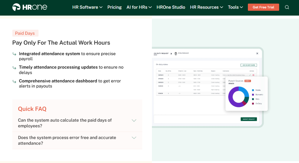 Hrone Paid Days Screen With On-Duty Requests, Punch Source Breakdown And Attendance Error Alerts