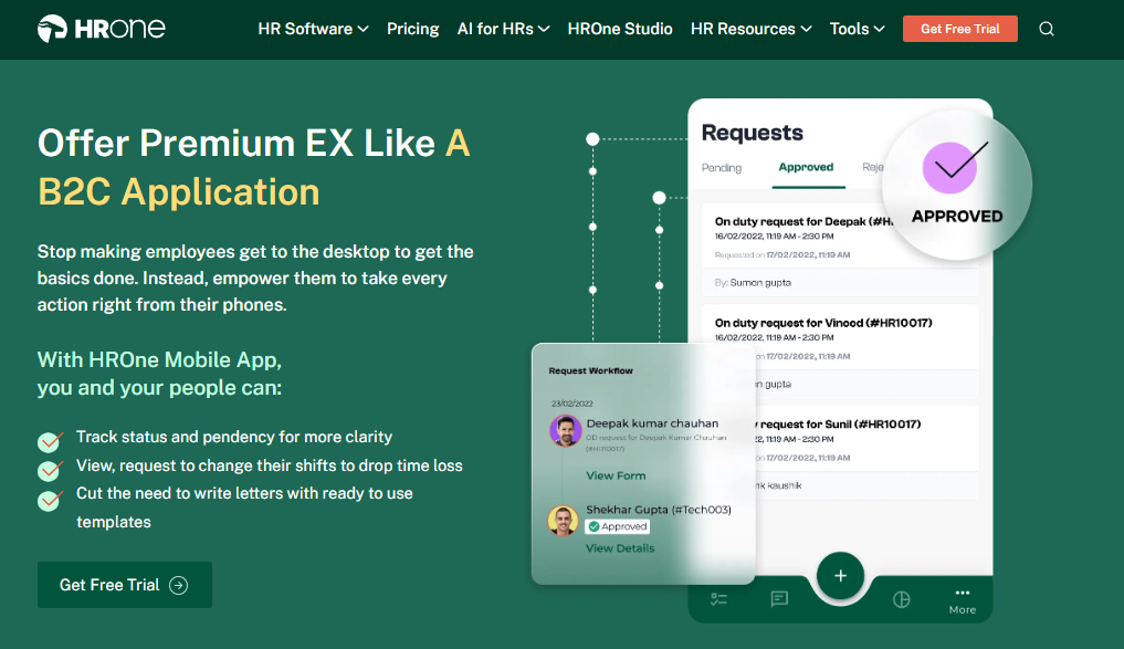 Hrms Software Hrone Hrone Mobile App Screen Showing On-Duty Request Approvals And Request Workflow Pendency Tracking