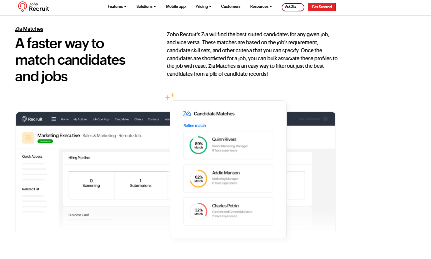 Hrms Software Hrms Zoho Recruit Zia Matches Dashboard Scoring Marketing Candidates At 89, 62, And 32 Percent Job Match