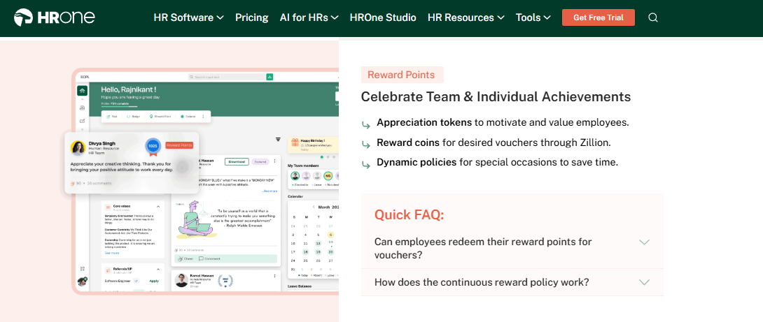 Hrone Engagement Screen Showing Reward Points, Appreciation Tokens, Badges, Birthday Wishes, And A Social Hr Feed