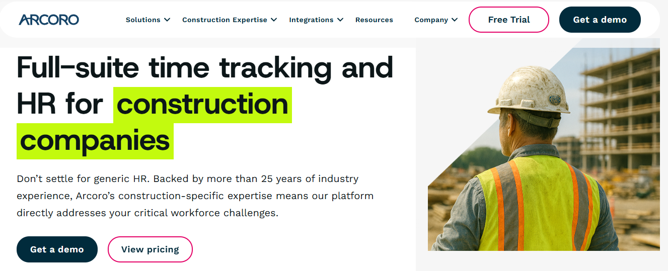 Arcoro Homepage Promoting Full-Suite Time Tracking And Hr Software For Construction Companies