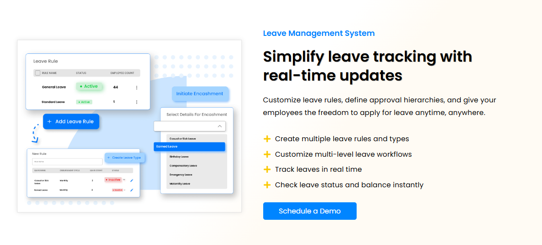 Leave Management Dashboard With Custom Leave Rules, Encashment Settings And Multi-Level Approval Workflows
