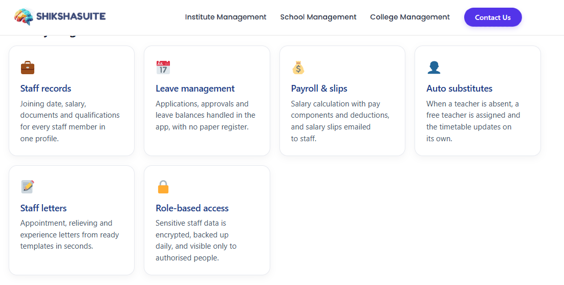  Shikshasuite Staff Management Features For Schools Including Auto Substitutes, Payroll Slips And Staff Letters
