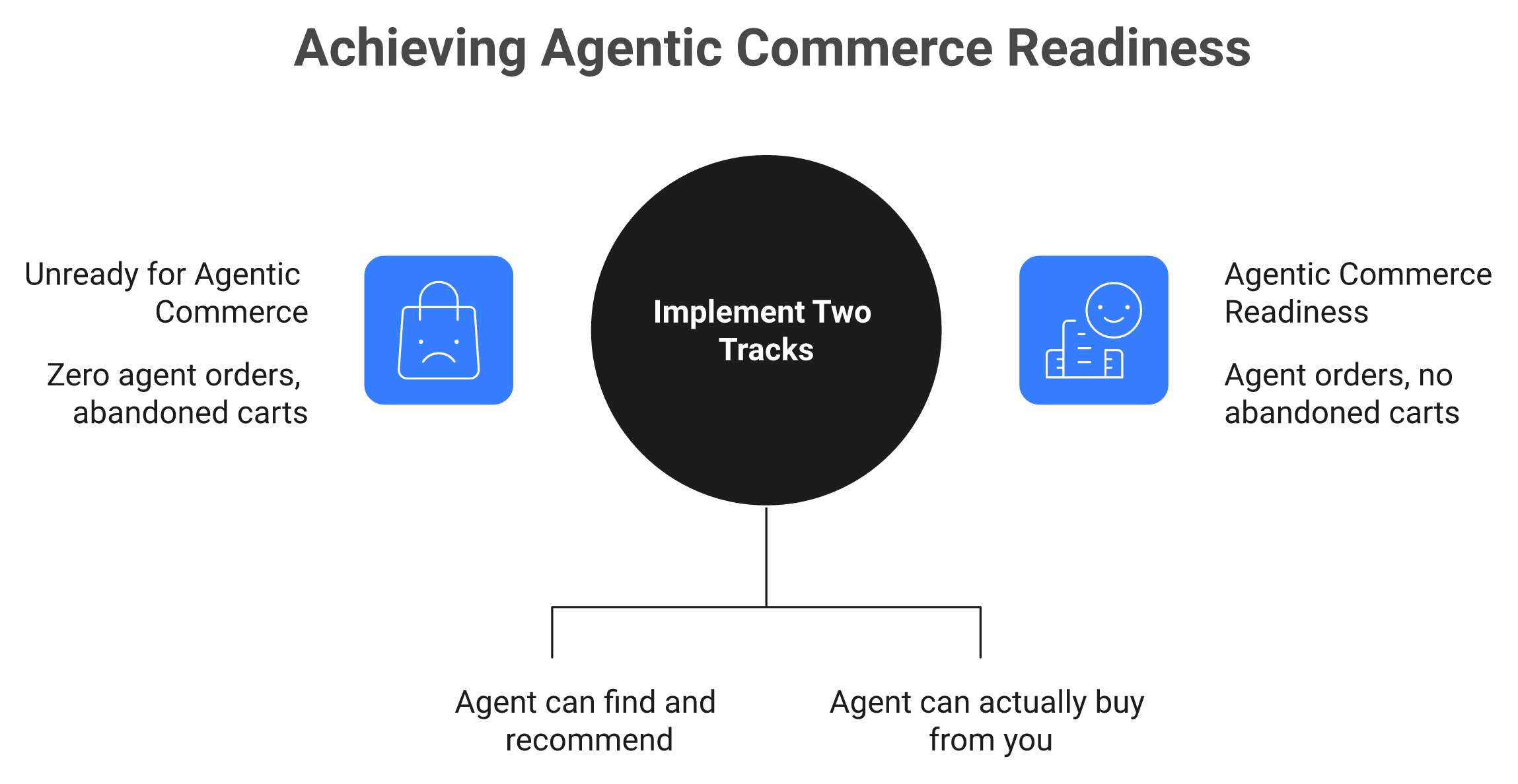 Diagram showing agentic commerce readiness split into a discovery track and a transaction track running in parallel